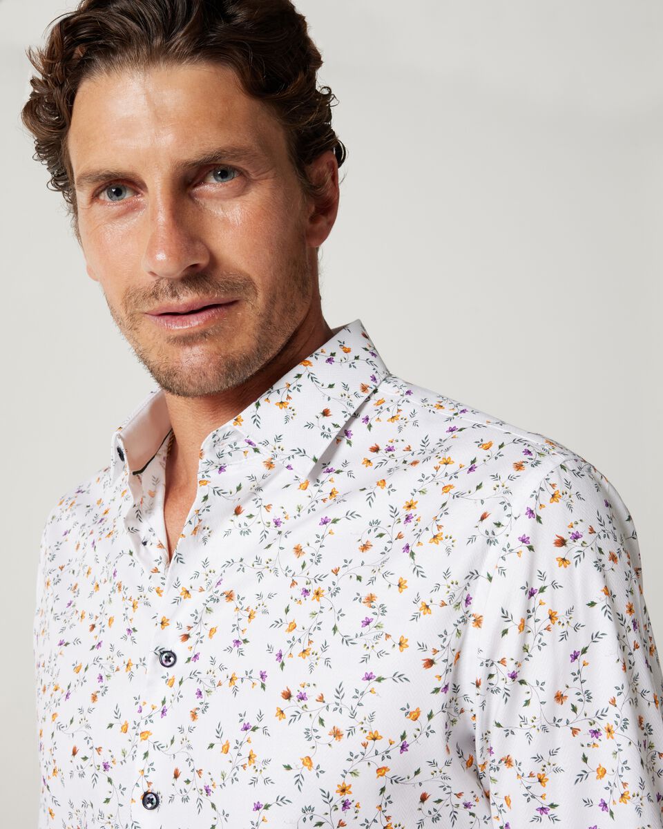 White/Purple Long Sleeve Regular Stretch Textured Shirt